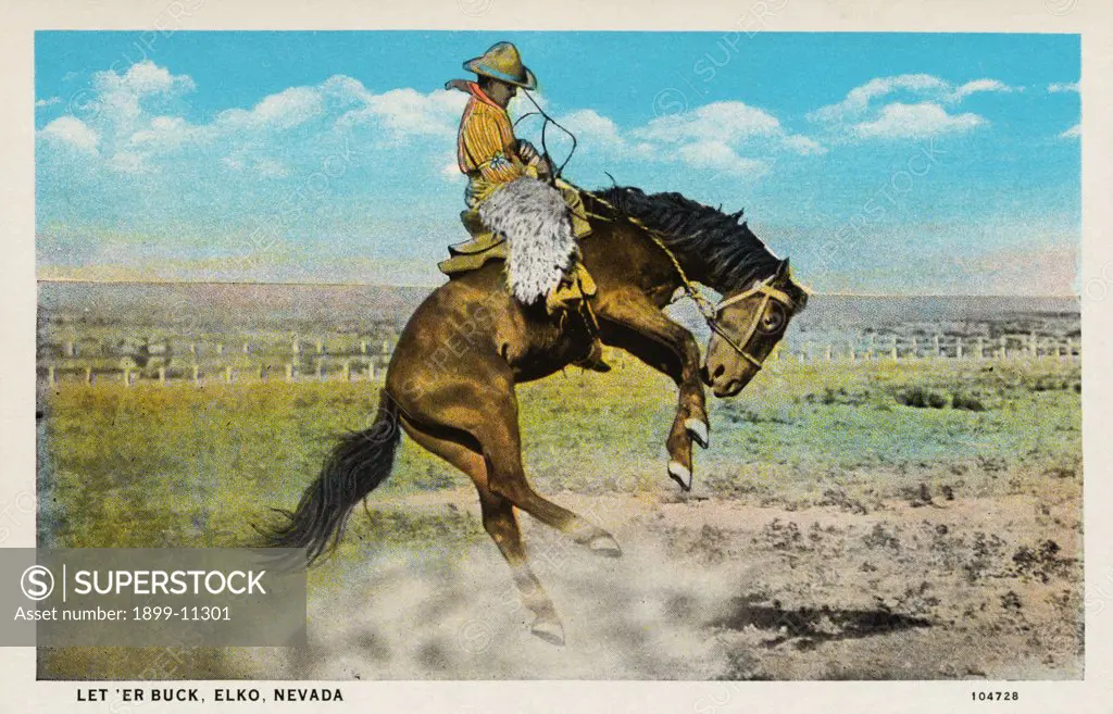Cowboy on a Bucking Bronco. ca. 1925, Elko, Nevada, USA, ELKO, NEVADA. On both Southern Pacific and Western Pacific railways, is best hotel and auto supply town on Victory Highway between Salt Lake and Reno - population 3,000. Elko is a U.S. Air Mail Division point and also supply center for Nevada's principal stockraising county. Assessed valuation $40,000,000. White Sulphur Hot Springs, unexcelled for rheumatism, also located at Elko. 