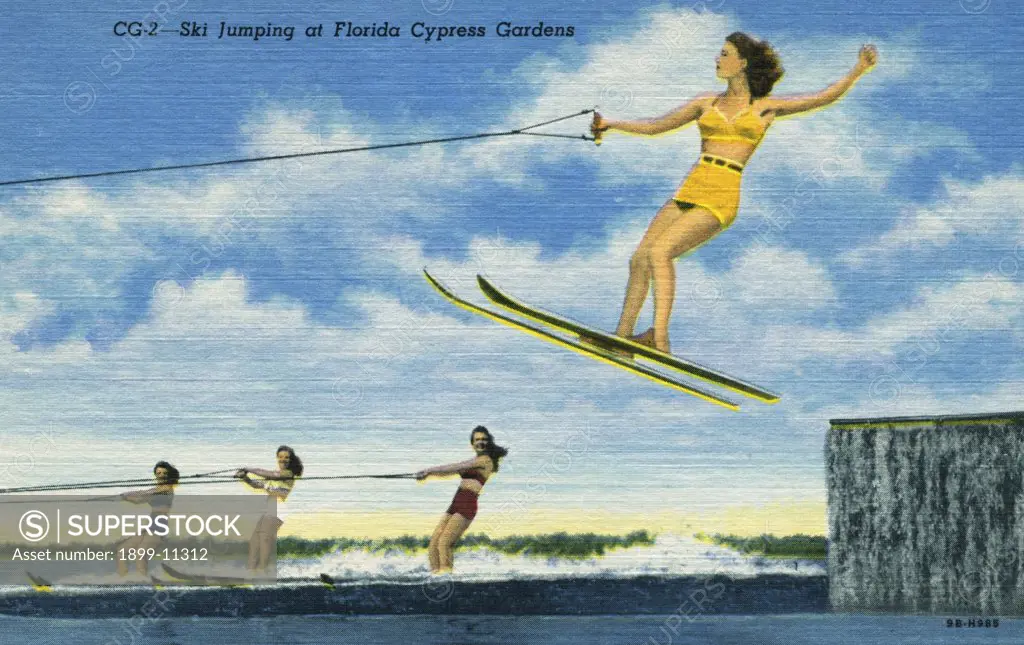 Waterskier at Cypress Gardens. ca. 1949, Florida, USA, Ski Jumping at Florida Cypress Gardens. 