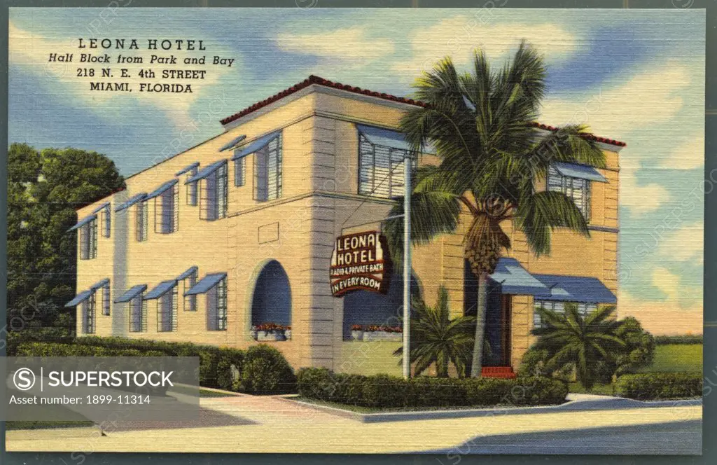 Leona Hotel. ca. 1949, Miami, Florida, USA, LEONA HOTEL Half Block from Park and Bay 218 N.E. 4th Street MIAMI, FLORIDA.  New - Modern - Downtown Location - Most Convenient to Beaches, Churches, Theatres and Shops - Luxuriously Furnished Rooms, each with Private Bath and Radio - Beautiful Lobby - Large Porch - Parking Facilities - HAVES MANAGEMENT. 