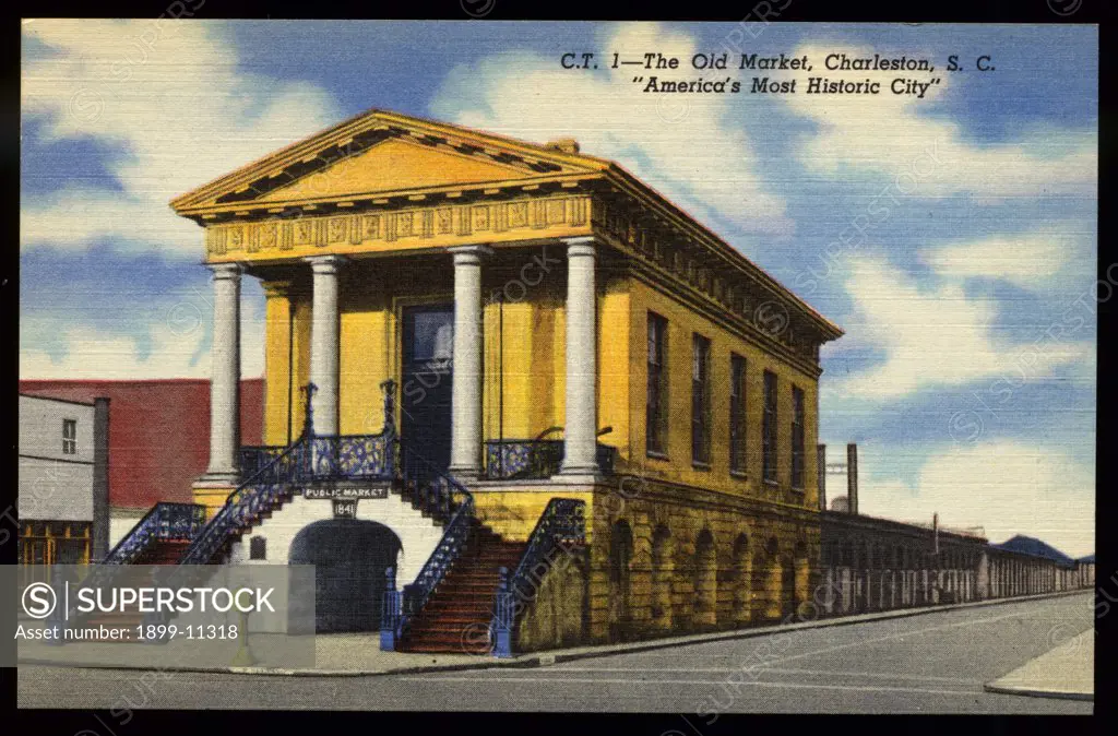 Old Market Building in Historic City. ca. 1949, Charleston, South Carolina, USA, THE OLD MARKET. CHARLESTON, S.C. 'America's Most Historic City.' Built between 1788-1804. Used for household marketing. Market Hall, in front, built in 1841, used by the United Daughters of the Confederacy as a chapter and relic room. 