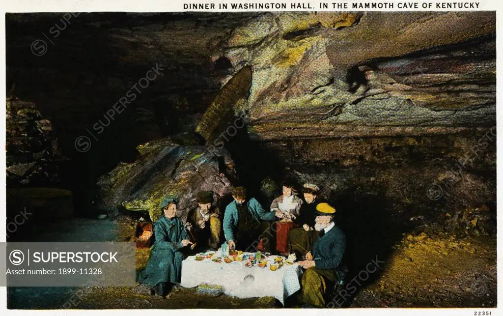 Having Dinner in a Cave. ca. 1911, Kentucky, USA, DINNER IN WASHINGTON HALL, IN THE MAMMOTH CAVE OF KENTUCKY. 