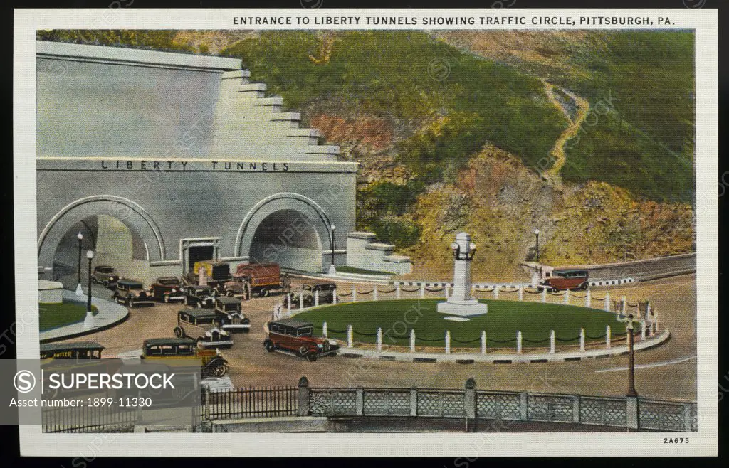 Liberty Tunnel and Traffic Circle. ca. 1932, Pittsburgh, Pennsylvania, USA, ENTRANCE TO LIBERTY TUNNELS SHOWING TRAFFIC CIRCLE, PITTSBURGH, PA. 