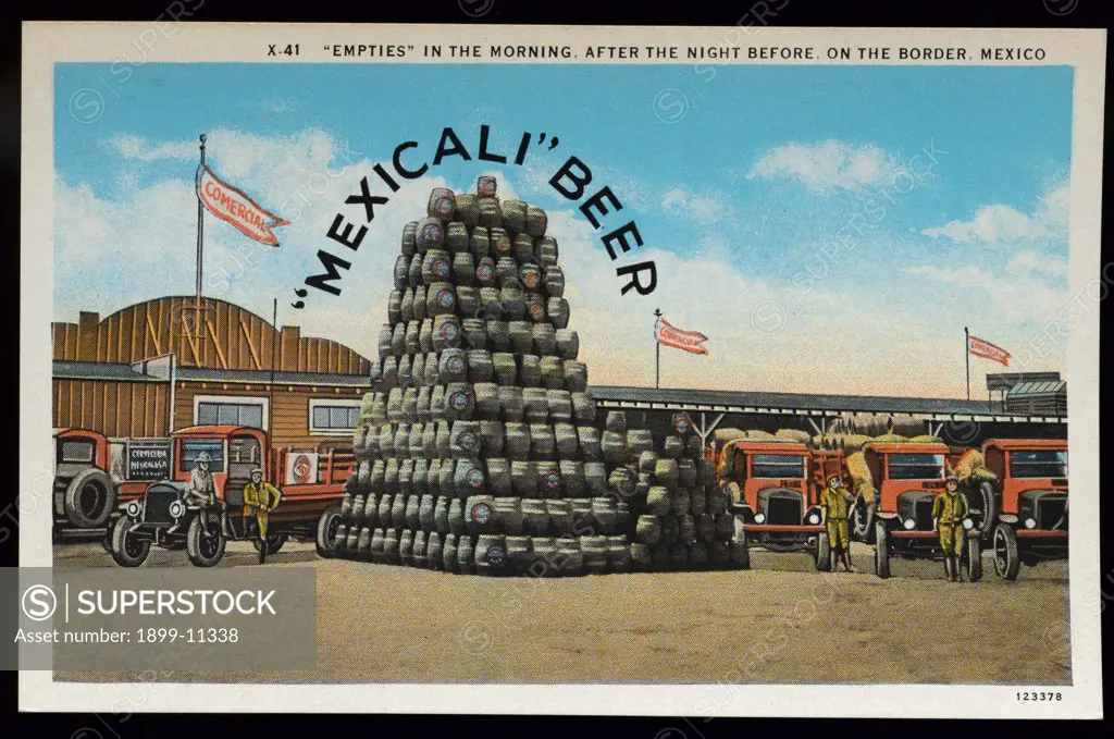 Mexicali Beer at the Border. ca. 1928, Border of Mexico and USA, 'EMPTIES' IN THE MORNING, AFTER THE NIGHT BEFORE, ON THE BORDER, MEXICO 