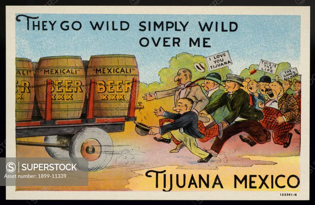 Men Following a Beer Truck. ca. 1928, Tijuana, Mexico, THEY GO WILD SIMPLY WILD OVER ME. TIJUANA, MEXICO. 