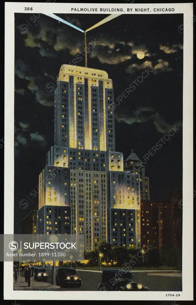 Postcard of Palmolive Building at Night. ca. 1933, PALMOLIVE BUILDING, BY NIGHT, CHICAGO. A spectacular night-time feature of the new Palmolive Building is the Lindbergh Beacon. Mounted atop a shining bronze column, 603 feet above Chicago, its two billion candlepower beam is visible to aviators in the air as far east as Cleveland, Ohio, and as far south as St. Louis, Missouri. Government Surveyors have determined the location of this Beacon as being Latitude, 41 degrees 53' 59 1/4' N., Longitude