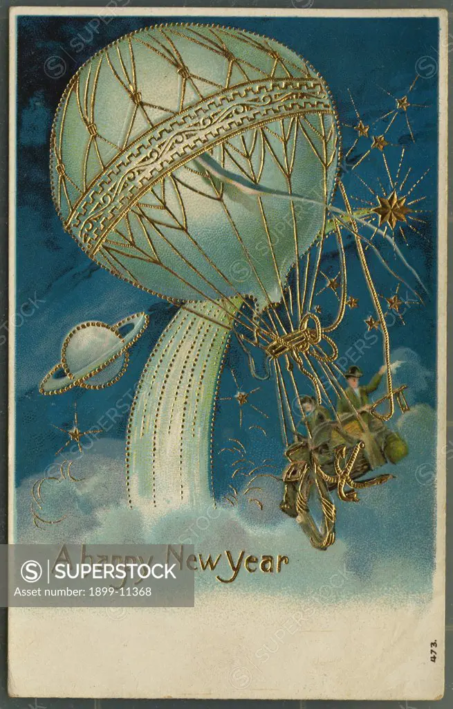 Postcard of Hot Air Balloon in Space. ca. 1911, A happy New Year 