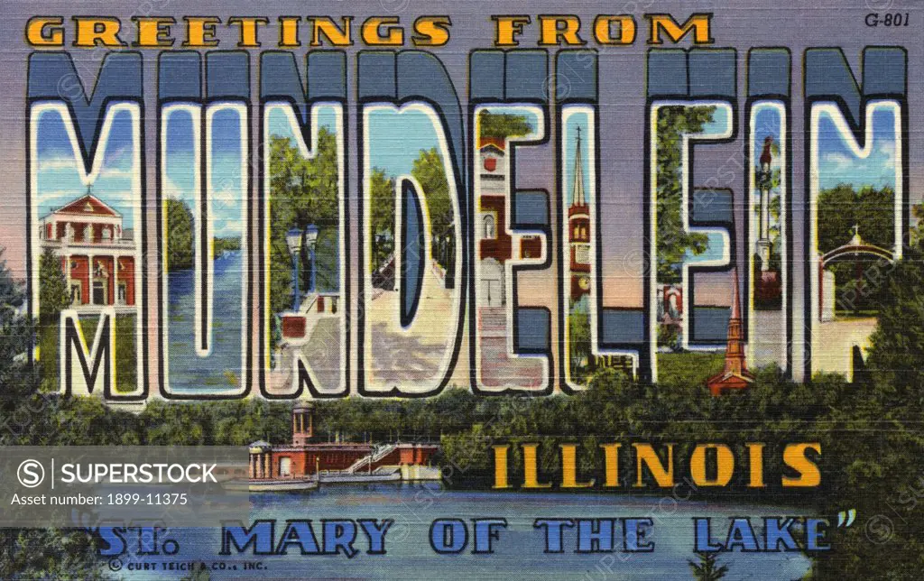 Postcard of Mundelein, Illinois. ca. 1950, GREETINGS FROM MUNDELEIN, ILLINOIS. 'ST. MARY OF THE LAKE'. SELECTED VIEWS OF MUNDELEIN, ILLINOIS. 