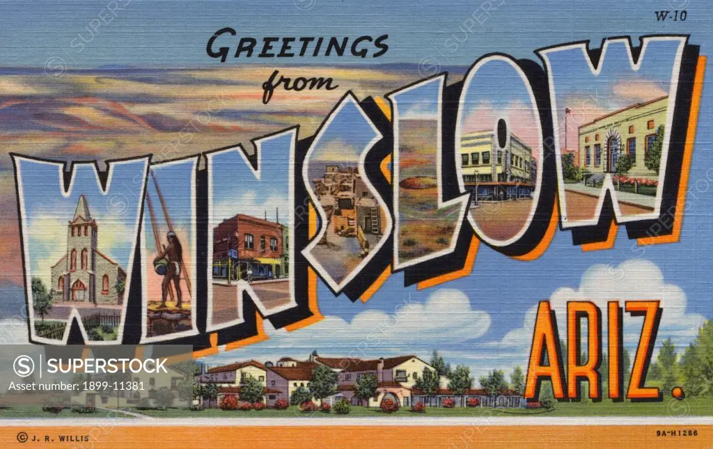 Postcard of Winslow, Arizona. ca. 1939, GREETINGS from WINSLOW, ARIZ. Winslow, Arizona, was the terminus of the present Santa Fe Ry. more than 50 years ago as the line pressed westward. It is still an important division point as well as having a landing field for transcontinental planes, and is a busy modern little city. Winslow is a gateway to the Navajo Reservation and the Hopi villages which are easily reached from here. 
