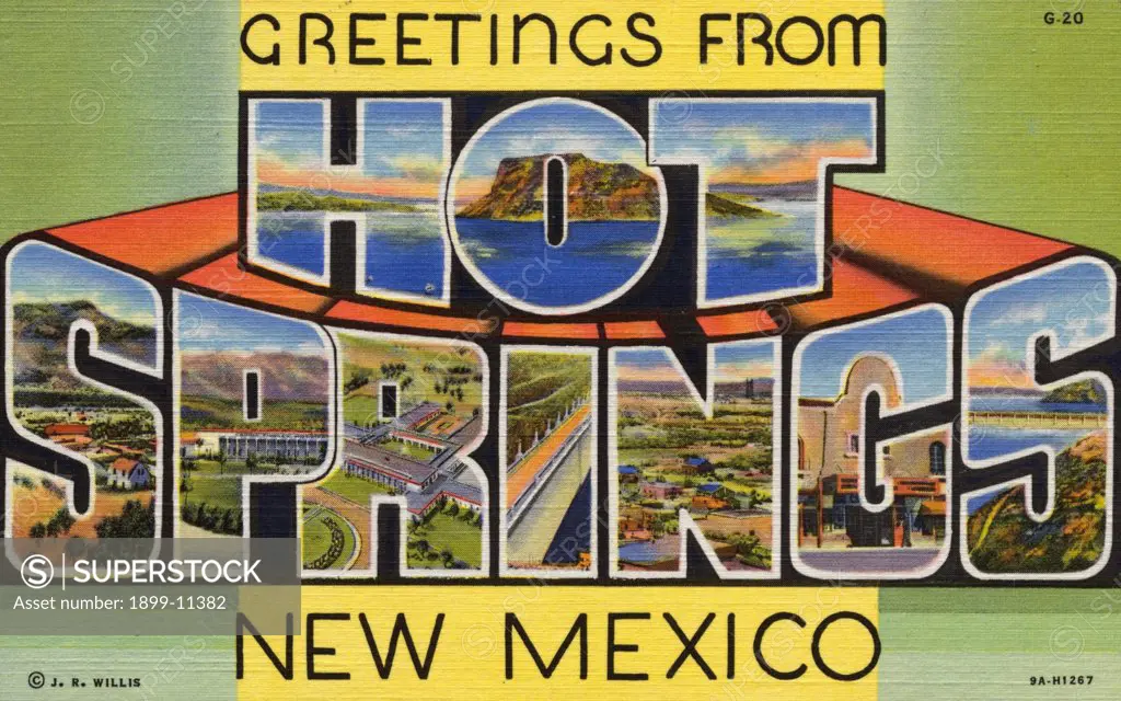 Postcard of Hot Springs, New Mexico. ca. 1939, GREETINGS FROM HOT SPRINGS, NEW MEXICO. Hot Springs, New Mexico, near the famed Elephant Butte Dam and Lake, is famous itself as a health resort, having many curative Mineral Springs within its boundaries as well as the Carrie Tingley Hospital for the treatment for Infantile Paralysis. Hundreds of persons from various parts of the country visit Hot Springs annually to drink and bathe in the curative waters. 