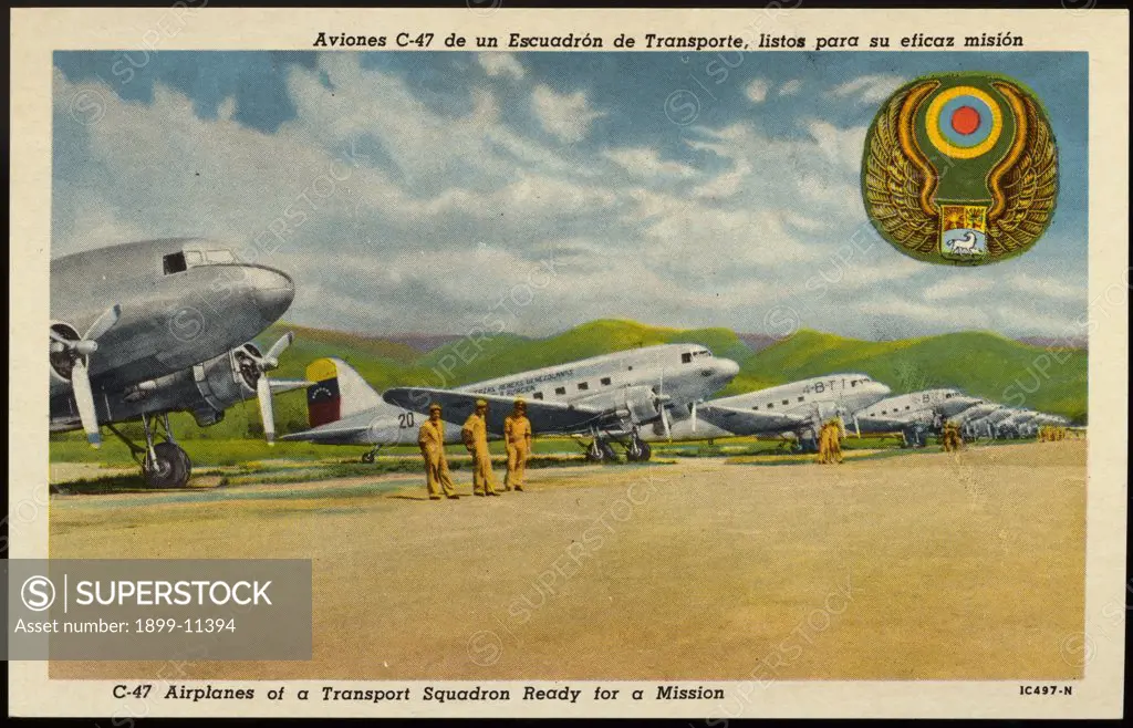 Postcard of a Transport Squadron. ca. 1951, Aviones C-47 de un Escuadron de Transporte, listos para su eficaz mision. C-47 Airplanes of a Transport Squadron Ready for a Mission. 