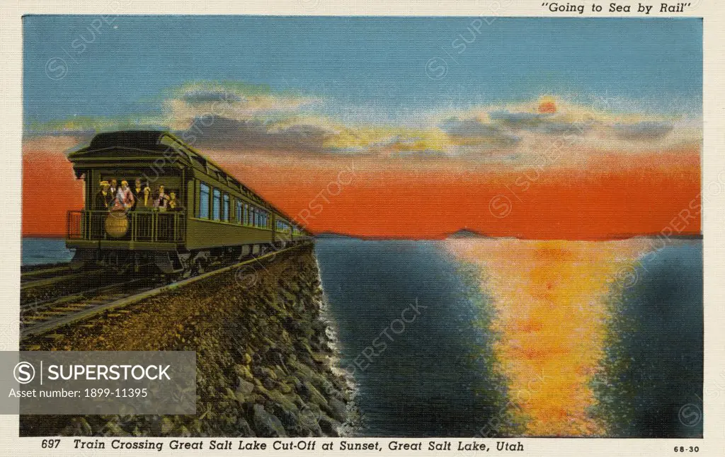 Postcard of Train Crossing Great Salt Lake. ca. 1930, 'Going to Sea by Rail.' 697. Train Crossing Great Salt Lake Cut-Off at Sunset, Great Salt Lake, Utah. Fifteen miles west of Ogden, Utah, you actually 'go to sea by rail' over the Southern Pacific's famous cut-off across Great Salt Lake. Affording a unique view of this great inland sea. This cut-off extends west 102.9 miles across the northern arms of Great Salt Lake to Lucin. It was opened March 8, 1904, having cost $4,500,000 and two years o