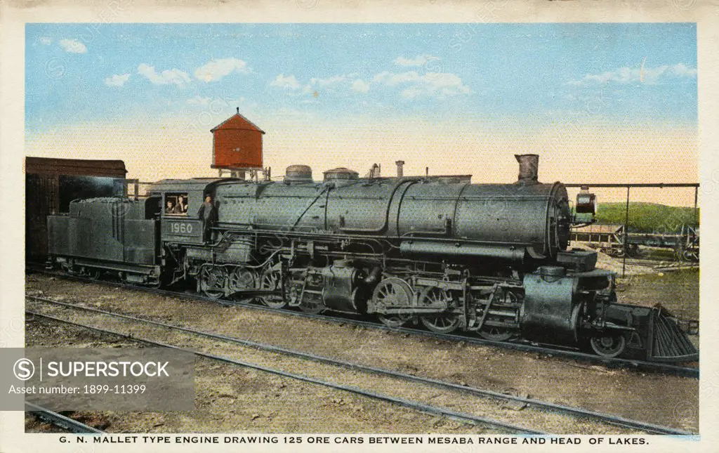 Postcard of Train Pulling Ore Cars. ca. 1908-1910, G.N. MALLET TYPE ENGINE DRAWING 125 ORE CARS BETWEEN MESABA RANGE AND HEAD OF LAKES. 