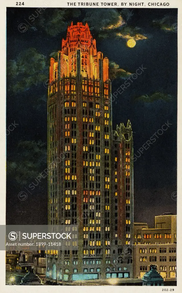 Postcard of Chicago's Tribune Tower. ca. 1929, 224. THE TRIBUNE TOWER, BY NIGHT, CHICAGO. NEW TRIBUNE TOWER BUILDING. The new Tribune Tower Building is located near the Michigan Boulevard Bridge: is 23 stories high with a tower of 140 feet. The Chicago Tribune offered a prize of $100,000 for the plans and the result is the most beautiful office building in the world. 