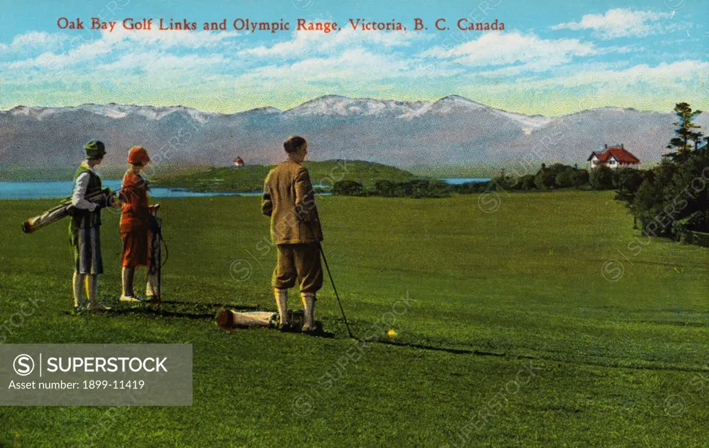 Postcard of Golfers at Oak Bay Golf Links. ca. 1929, Oak Bay Golf Links and Olympic Range, Victoria, B.C. Canada 