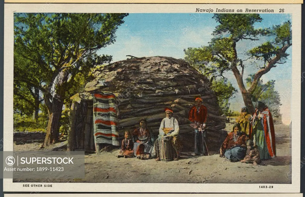 Postcard of Navajo Indians on Reservation. ca. 1929, Navajo Indians on Reservation, 26. There are approximately 40,000 Navajo Indians occupying a Reservation of about 9,000,000 acres in No. Arizona and New Mexico. They are self supporting and derive their living from marketing cattle, sheep, wool and hides. Navajo rugs woven by the squaws are famed for their beauty and durability. Silver jewelry hand hammered from Mexican pesos by Navajo silversmiths is very much in demand and highly prized. 