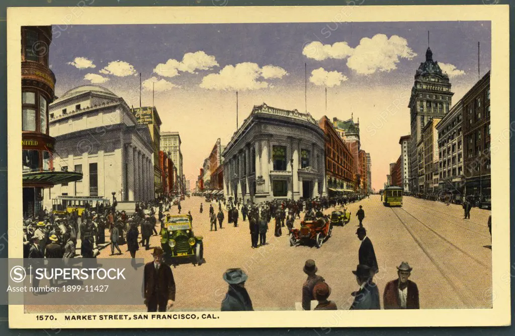 Postcard of Market Street in San Francisco. ca. 1915, Pedestrians stroll along Market Street in San Franciso at the time of the Panama-Pacific International Exposition in 1915. 