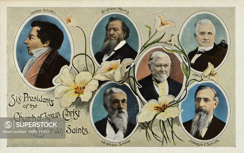 Postcard of Presidents of the Church of Jesus Christ of Latter-day Saints. ca. 1908-1910, Six Presidents of the Church of Jesus Christ of Latter-day Saints. Joseph Smith, Brigham Young, Wilford Woodruff, John Taylor, Lorenzo Snow, Joseph F. Smith. 