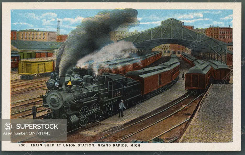 Postcard of Trains at Union Station. ca. 1913, 230. TRAIN SHED AT UNION STATION, GRAND RAPIDS, MICH. 
