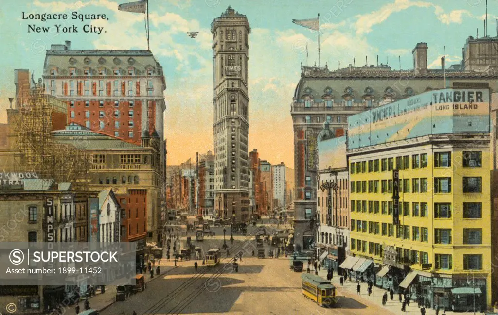 Postcard of Longacre Square. ca. 1913, Longacre Square, New York City. Longacre square is formed by the intersection of Broadway and Seventh Avenue, extending south of 42nd to 47th Streets. It is the centre of the Theatre and Hotel district. 28 of Americas leading playhouses being located within a radius of 250 yards. More people pass 42nd and Broadway than any other point in the world. 