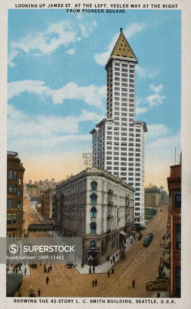 Postcard of L.C. Smith Building. ca. 1914, LOOKING UP JAMES ST. AT THE LEFT, YESLER WAY AT THE RIGHT FROM PIONEER SQUARE. SHOWING THE 42-STORY L.C. SMITH BUILDING, SEATTLE, U.S.A. VISIT THE 42-STORY L.C. SMITH BUILDING. The highest and finest and most representative Office Building in the world outside of New York City. Its wonderful Observatory-Chinese Room with hand-carved teak finish and furnishings-replicas of tables from famous Chinese Temples-Bronze Lanterns and gorgeous Oriental Furnishin