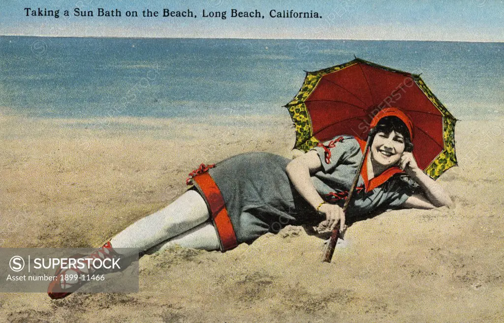 Postcard of Sunbather at Long Beach. ca. 1915, Taking a Sun Bath on the Beach, Long Beach, California. 