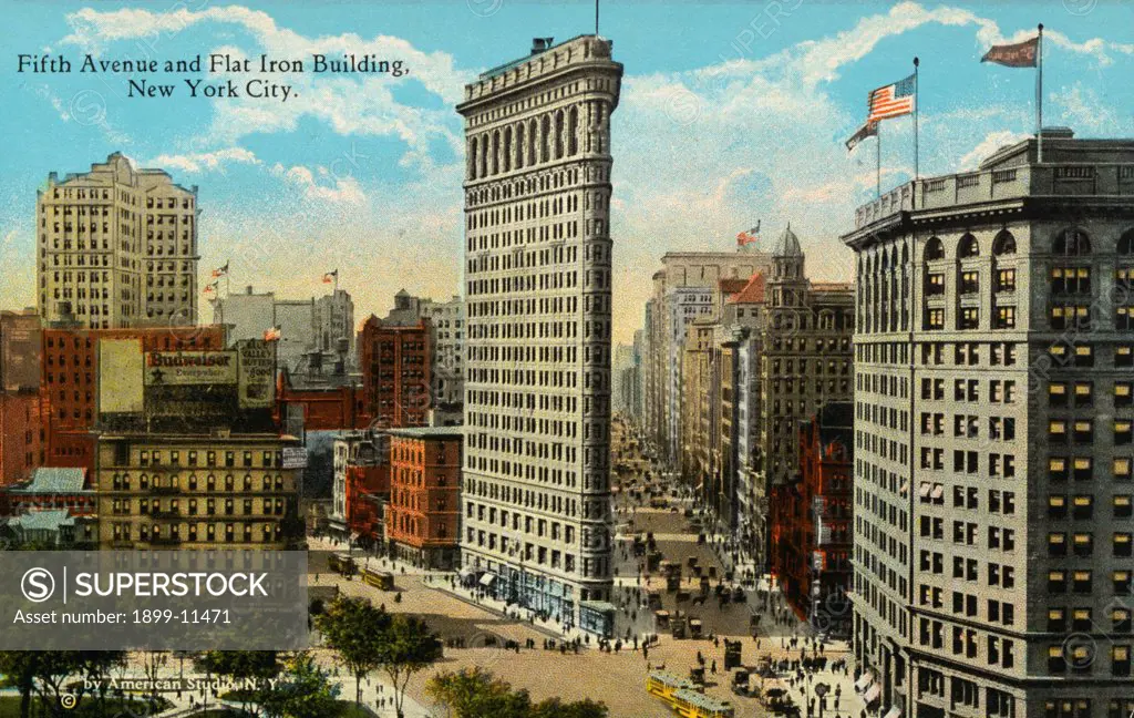 Postcard of Fifth Avenue and Flat Iron Building. ca. 1919, FIFTH AVENUE AND FLAT IRON BUILDING, NEW YORK CITY. Fifth Avenue here crosses Broadway and 23rd Street, the intersection of Broadway and Fifth Avenue forming a triangle, which is the site of the Flat Iron Building known as the first steel frame skyscraper erected in New York. 