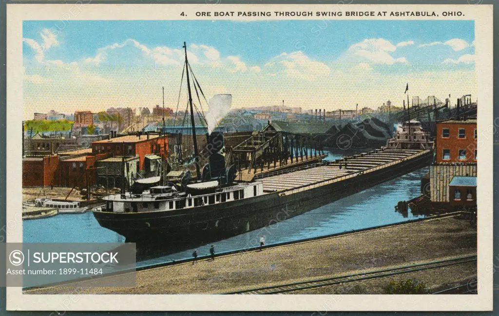 Postcard of Ore Freighter. ca. 1908-1910, 4. ORE BOAT PASSING THROUGH SWING BRIDGE AT ASHTABULA, OHIO. 