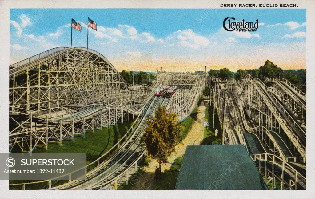 Postcard of the Derby Racer at Euclid Beach Park. ca. 1914, 'Derby Racer', Euclid Beach Park. Cleveland, Ohio. Fifth City. Euclid Beach Park, located on the shore of Lake Erie, eight miles from the public square, is the largest and most popular of the city's amusement parks. It is open free to the public from April until October and contains hundreds of amusement devices also a large athletic field, and a splendid bathing beach. Thousands of schools, lodges and associations hold annual picnics a