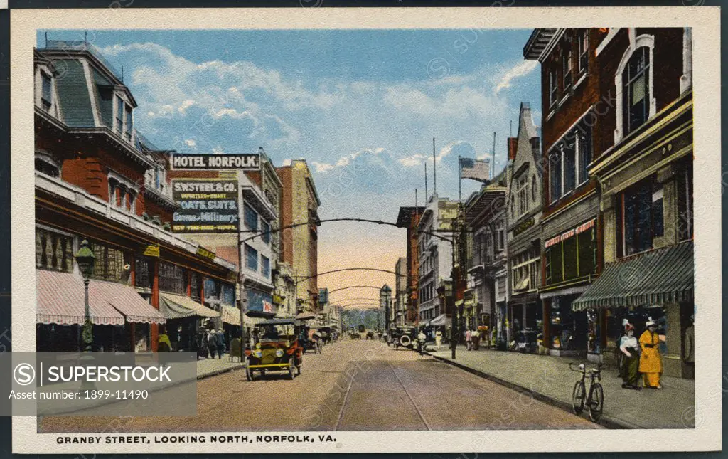 Postcard of Granby Street in Norfolk. ca. 1914, GRANBY STREET, LOOKING NORTH, NORFOLK, VA. Granby Street half a century ago was little more than a country road. Now one of the finest business streets of the city, containing the leading hotels, theatres, Y.M.C.A. building and department stores. 