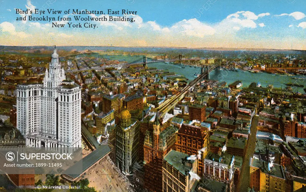 Postcard of Manhattan from Woolworth Building. ca. 1914, Bird's Eye View of Manhattan, East River and Brooklyn from Woolworth Building, New York City. Manhattan Island, 19.65 square miles, was purchased in 1626 from Indians for about $24.00, land value now $4,020,000,000, total realty value improvements is $6,075,000,000, an average of $432,000 per acre. The Island has 2,331,542 inhabitants. The lower end has an office population of 400,000: land there is worth from $200 to $600 per square foot 