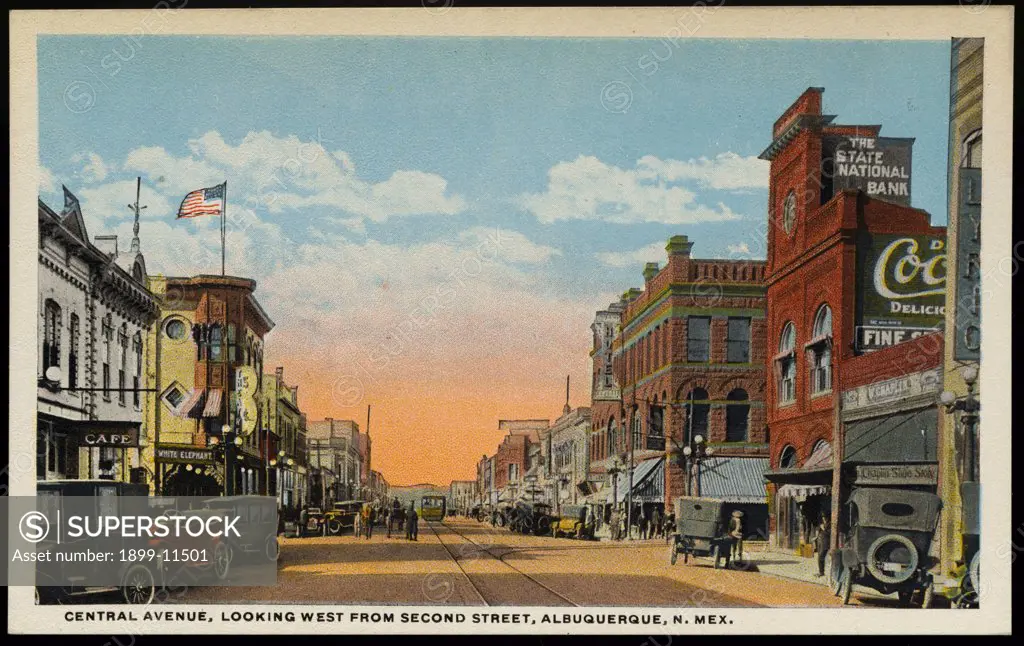 Postcard of Central Avenue in Albuquerque. ca. 1916, CENTRAL AVENUE, LOOKING WEST FROM SECOND STREET, ALBUQUERQUE, N. MEX. Central Avenue is Albuquerque's main shopping and business district. It is paved and splendidly lighted, making as handsome a thoroughfare as any city could boast. 