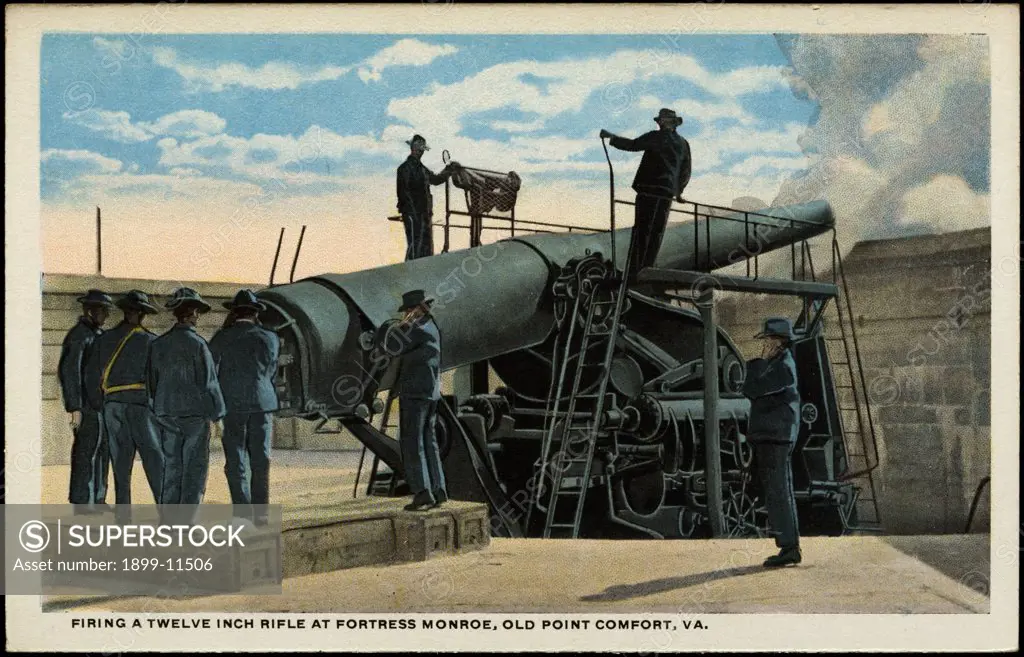 Postcard of Cannon at Fortress Monroe. ca. 1915, FIRING A TWELVE INCH RIFLE AT FORTRESS MONROE, OLD POINT COMFORT, VA. 