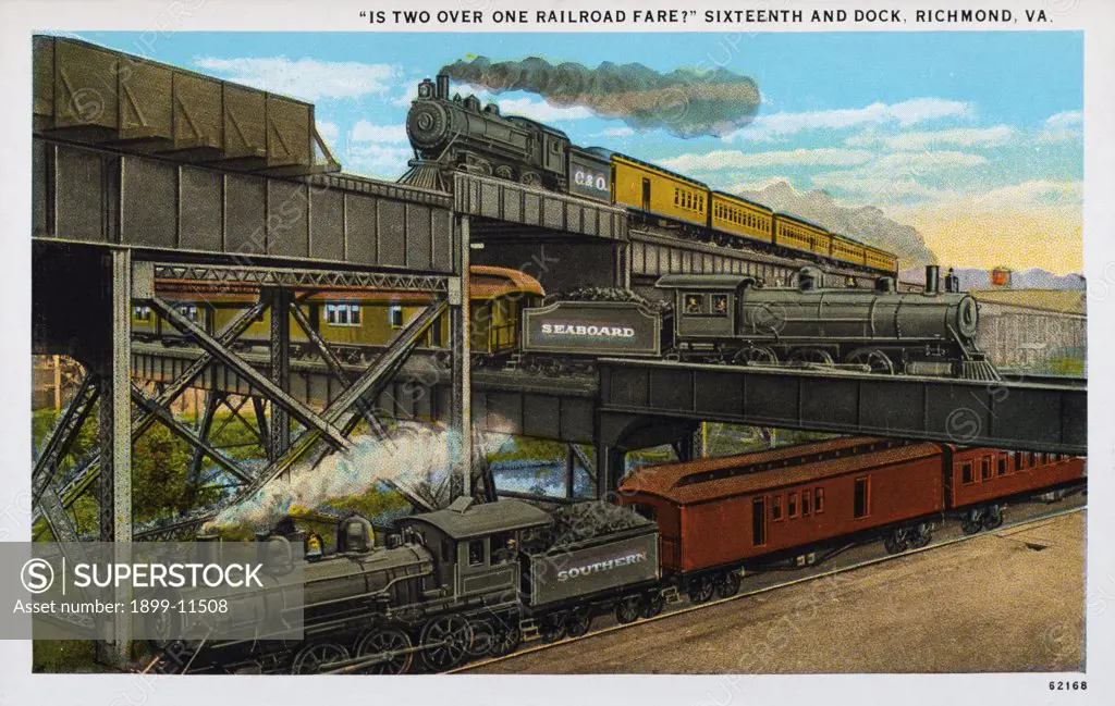 Postcard of Overlapping Railroad Bridges. ca. 1916, 'IS TWO OVER ONE RAILROAD FARE' SIXTEENTH AND DOCK, RICHMOND, VA. This unique photograph presents to view the only point in the world where three trunk line trains may cross each other, at the same time, and over their separate tracks. At the top is shown a passenger train of the C. & O. Railway leaving Richmond for the upper James River Valley: just beneath it a train of the S.A.L. Railway leaving the Main Street (Union) Depot for the South, 