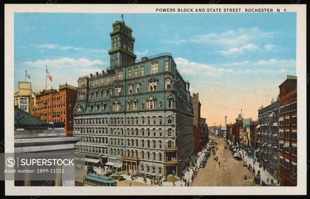 Postcard of Powers Block and State Street in Rochester. ca. 1914, POWERS BLOCK AND STATE STREET, ROCHESTER, N.Y. 