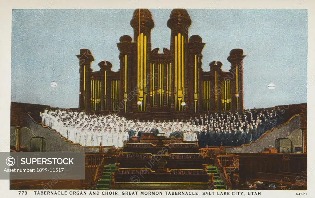 Postcard of Choir and Organ in Great Mormon Tabernacle. ca. 1916, 773. TABERNACLE ORGAN AND CHOIR, GREAT MORMON TABERNACLE, SALT LAKE CITY, UTAH. TABERNACLE ORGAN AND CHOIR. The world renowned tabernacle organ is located in the west end of the building. It was originally built by home talent and chiefly of native woods. In 1915 the Organ was entirely overhauled and enlarged, making it 60 feet wide, 33 feet deep and 48 feet high. It contains about eight thousand pipes and 270 stops. The action of