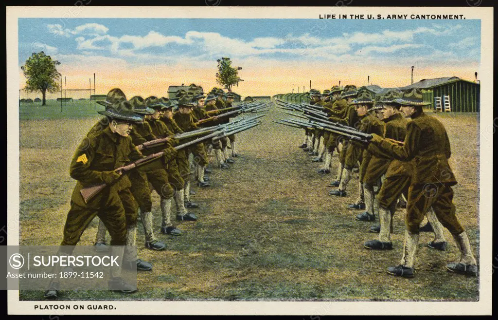 Postcard of Army Platoon in Training. ca. 1916, LIFE IN THE U.S. ARMY CANTONMENT. PLATOON ON GUARD. 