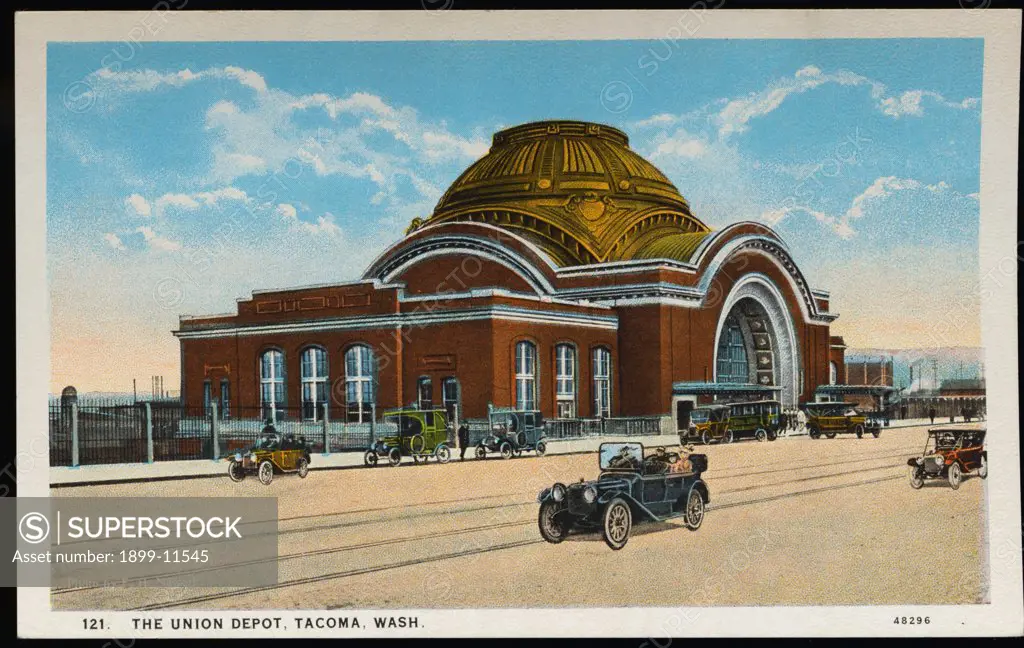 Postcard of Union Depot in Tacoma. ca. 1916, 121. THE UNION DEPOT, TACOMA, WASH. 