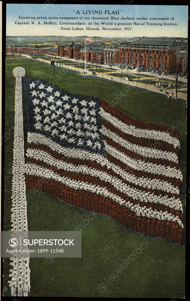 Postcard of Sailors Forming American Flag. ca. November 1917, 'A LIVING FLAG' Covering seven acres composed of ten thousand Blue Jackets under command of Captain W. A. Moffett, Commandant, at the World's greatest Naval Training Station, Great Lakes, Illinois, November, 1917. 