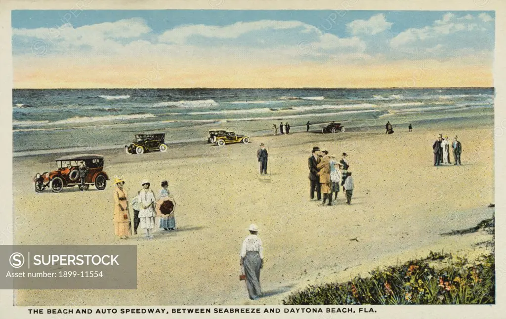 Postcard of the Beach and Auto Speedway at Daytona. ca. 1917, Auto enthusiasts gather on the beach between Seabreeze and Daytona Beach, Florida, to drive their cars. 