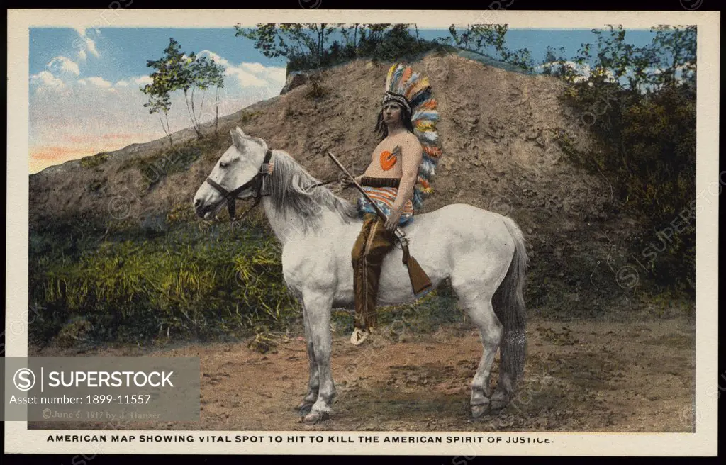 Postcard of American Indian with Heart Target. 1917, American Map Showing Vital Spot to Hit to Kill the American Spirit of Justice. 