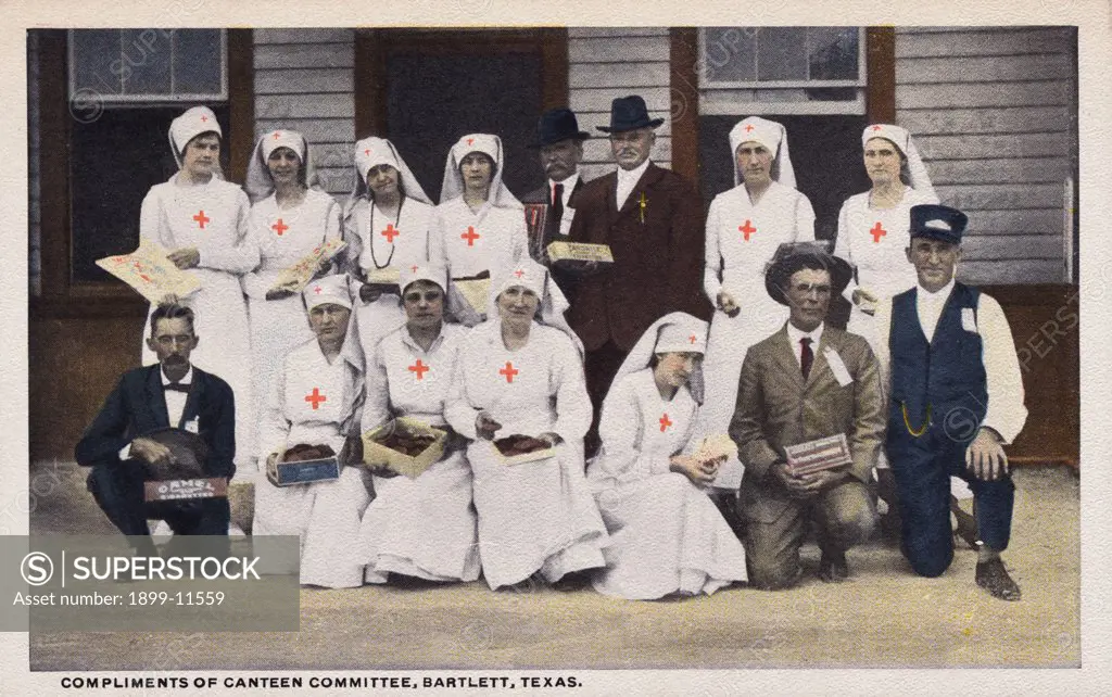 Postcard of Red Cross Workers and Canteen Committee. ca. 1917, Compliments of Canteen Committee, Bartlett, Texas. 