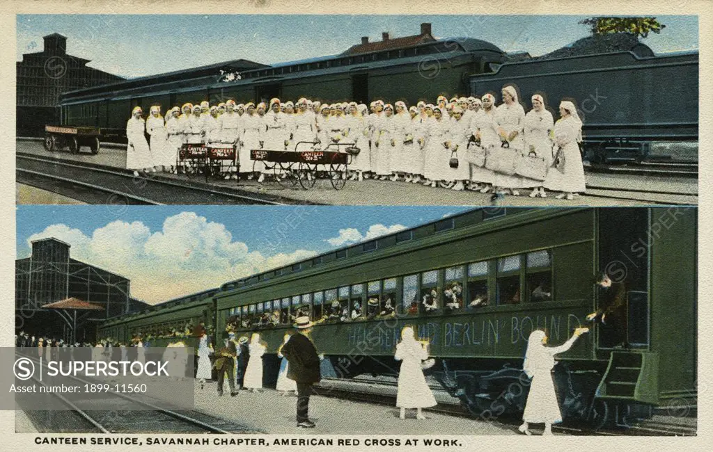 Postcard of Red Cross Workers at Savannah Train. ca. 1917, Canteen Service, Savannah Chapter, American Red Cross at work. 