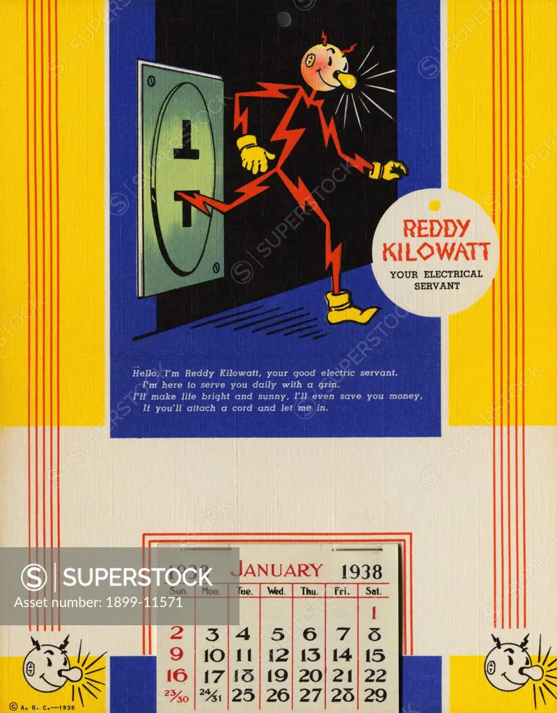 Postcard - Calender of Reddy Kilowatt. 1937, A twelve-month calendar is attached to a picture of Reddy Kilowatt, 'your electrical servant', who speaks in verse about the joys of electricity. 