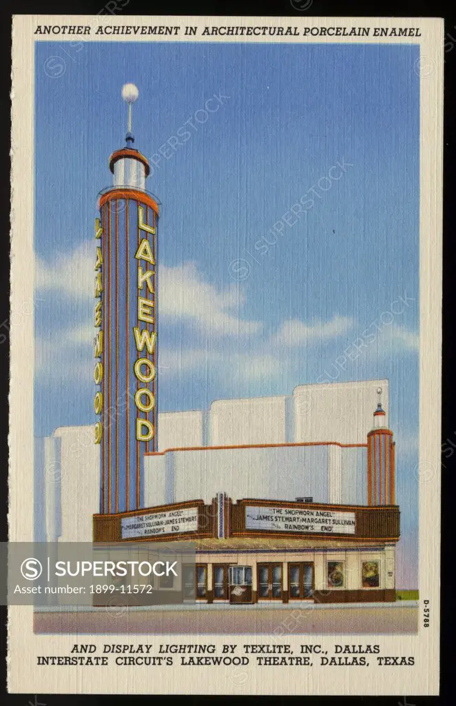 Postcard of the Lakewood Theatre. ca. 1939, A view of the Lakewood Theatre, showing 'The Shopworn Angel' with James Stewart and Margaret Sullivan, and with porcelain enamel and display lighting by Texlite, Inc. 