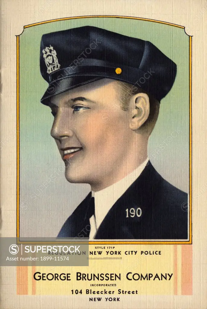 Front of a Pamphlet for the George Brunssen Company. ca. 1932, The front of a catalog of police hats of the George Brunssen  Company features an New York Police Officer. 
