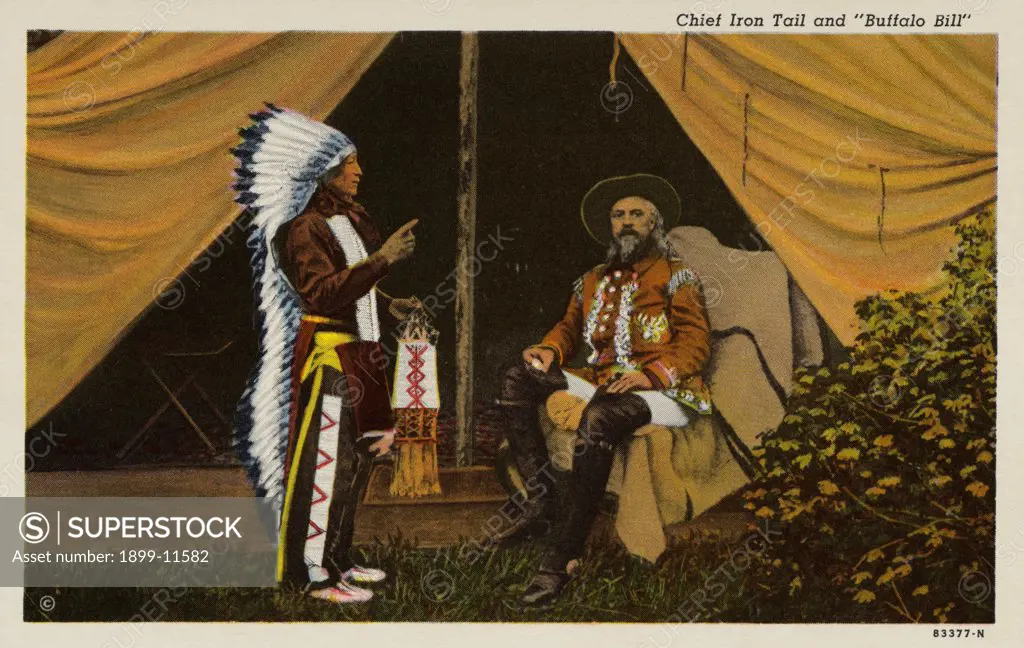 Postcard of Chief Iron Tail and Buffalo Bill. ca. 1920, A portrait of 'Buffalo' Bill Cody, right, and Chief Iron Tail, also known as Cinta Muzza. 