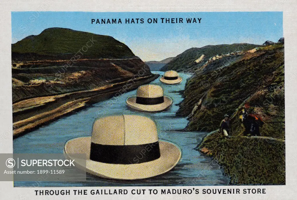 Postcard of Panama Hats Heading Through the Gaillard Cut. ca. 1919, Panama hats on their way through the Gaillard Cut to Maduro's Souvenir Store 