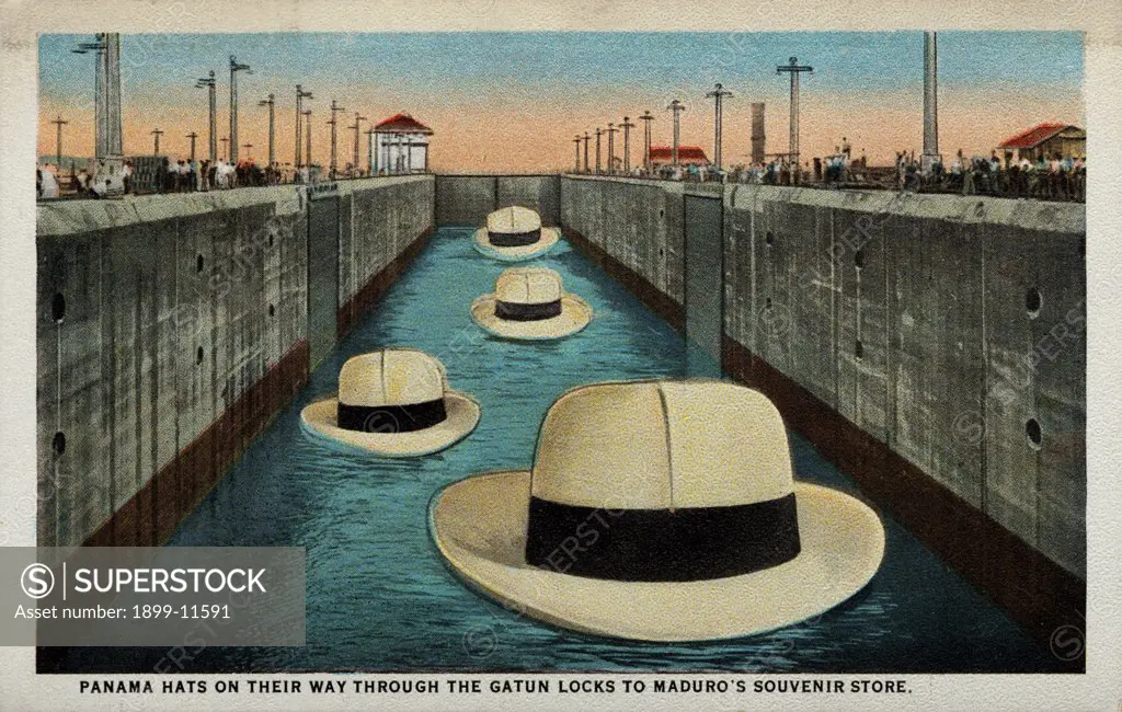 Postcard of Hats Floating Through Gatun Locks. ca. 1920, Enormous Panama hats float in the Gatun Locks. 