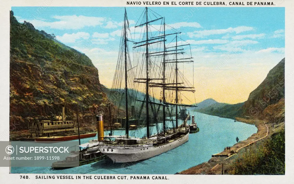 Postcard of Sailing Ship in the Culebra Cut. ca. 1924, A four-masted vessel is towed through the Culebra Cut on the Panama Canal. 