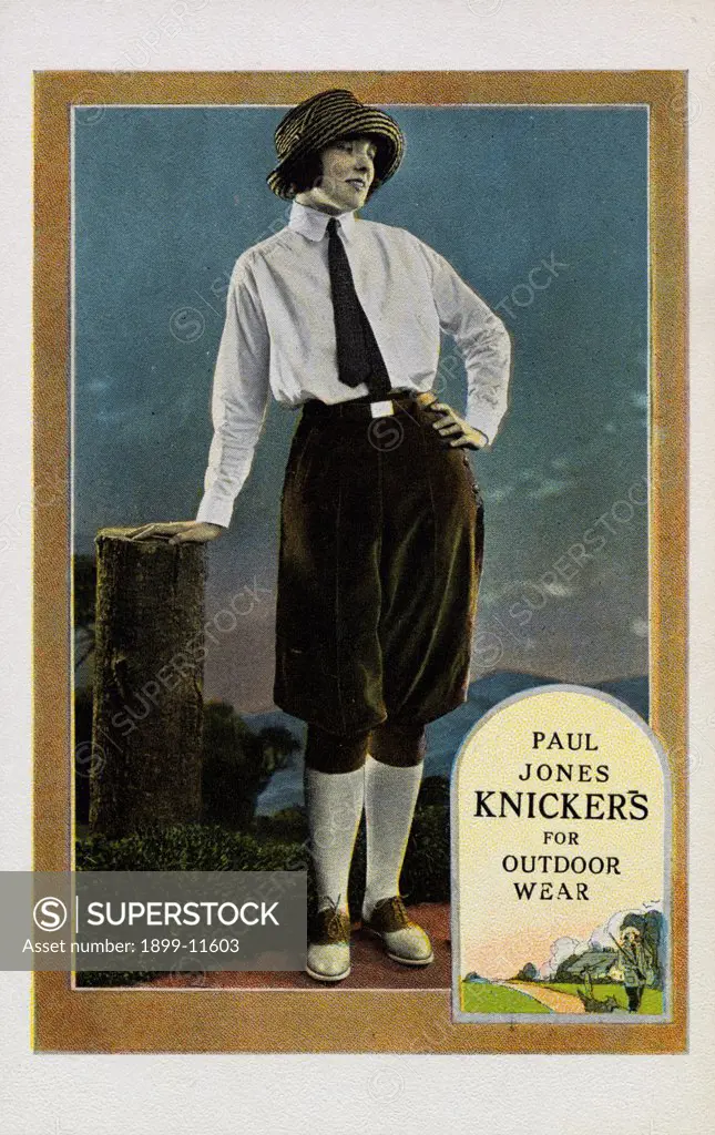 Postcard of Woman Wearing Paul Jones Knickers. ca. 1922, A woman wears a pair of Paul Jones knickerbockers, 'for outdoor wear'. 